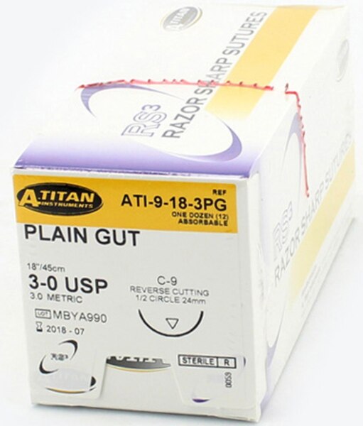 A. Titan Plain Gut Suture 18" C-9  3-0 1/2 Rev Cut 12/bx