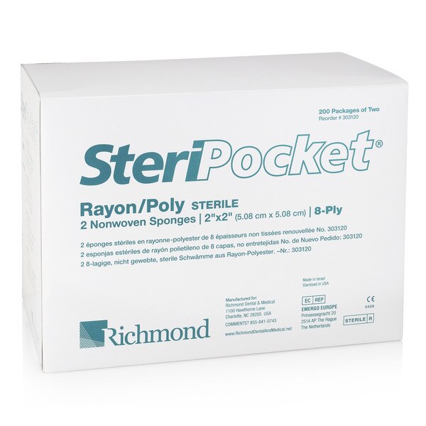 SteriPocket Rayon/Poly Nonwoven Sterile 2x2 8-Ply 2/Pk x 200 Pks/Box