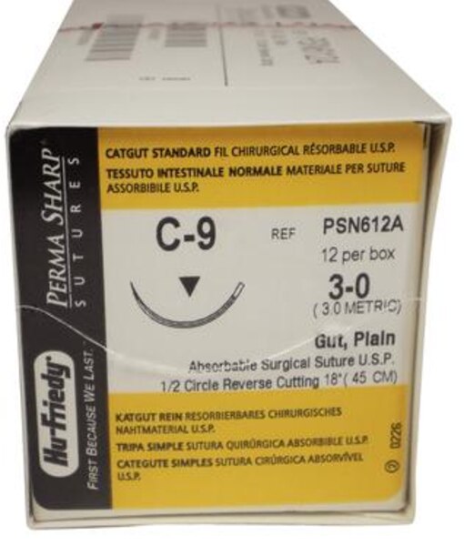 Perma Sharp Suture 3-0 Gut Plain 18 C-9 1/2 Circle Reverse Cut 12/Box