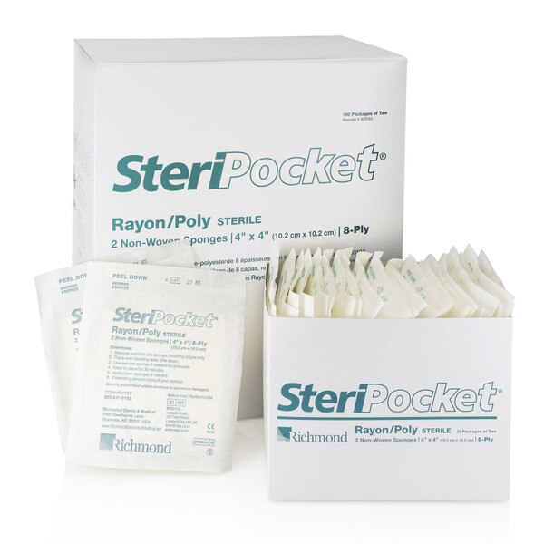 SteriPocket Rayon/Poly Nonwoven Sterile 4x4 8-Ply 2/Pk x 100 Pks/Box